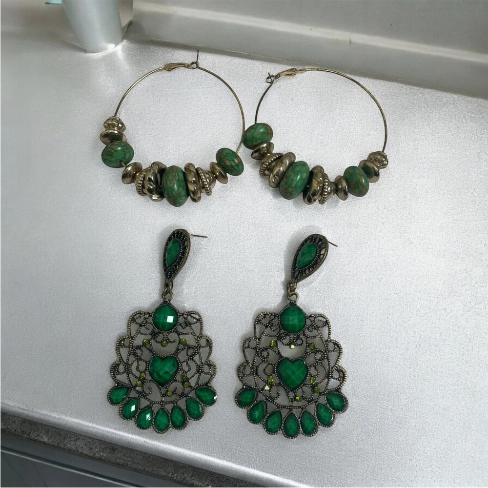 Bohemian Style Earrings Green Emerald Gem Filigree Dangle & Beaded Hoop Set